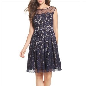 Eliza J Illusion Yoke Lace Fit & Flare Dress